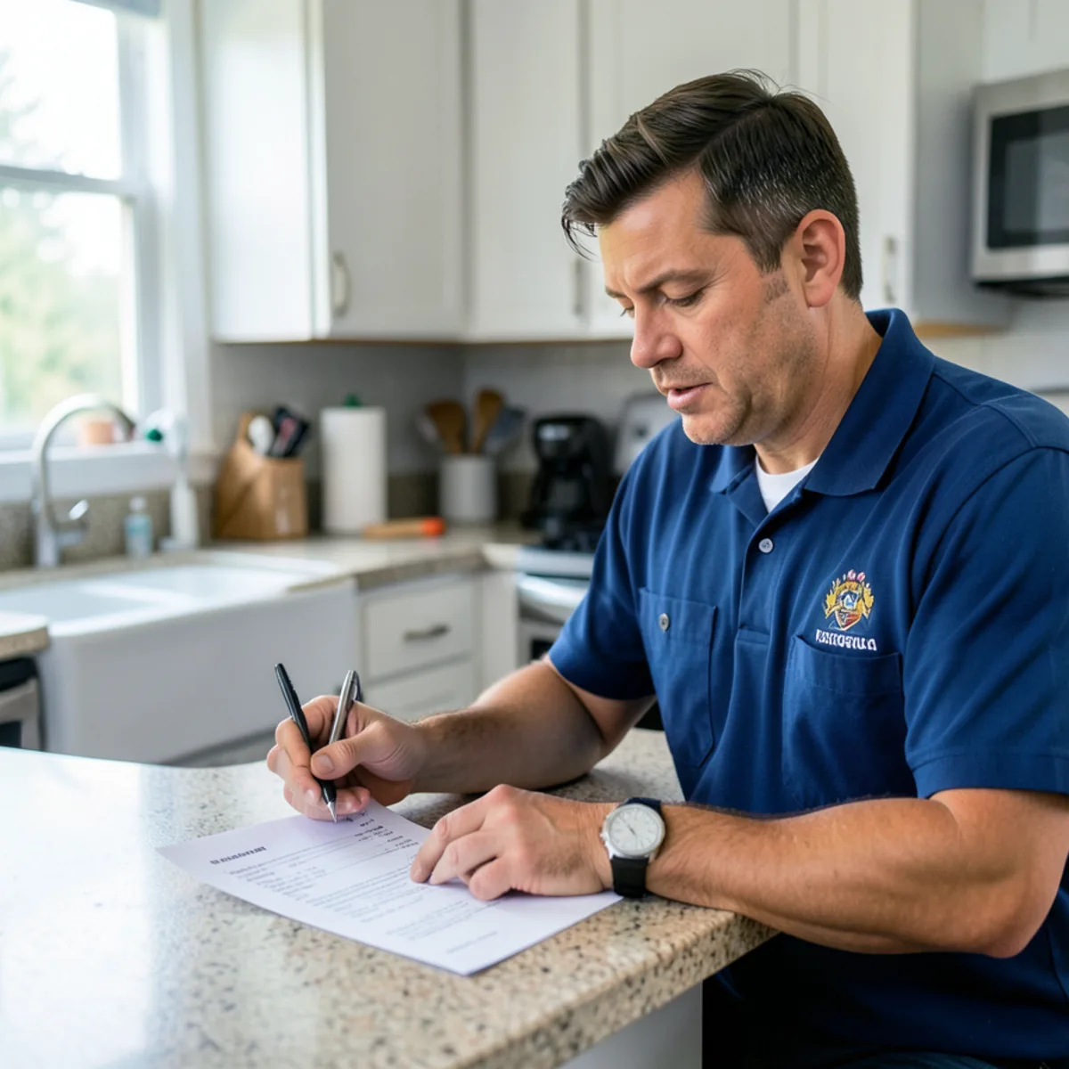 Plumbing technician explaining itemized written estimate to homeowner
