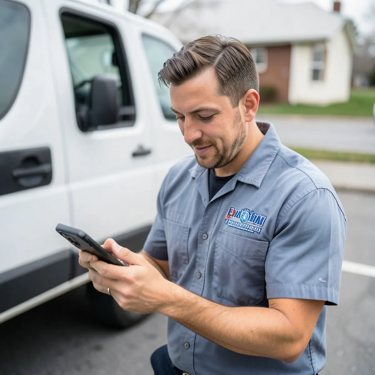 Technician receiving dispatch instructions beside service van in Evanston