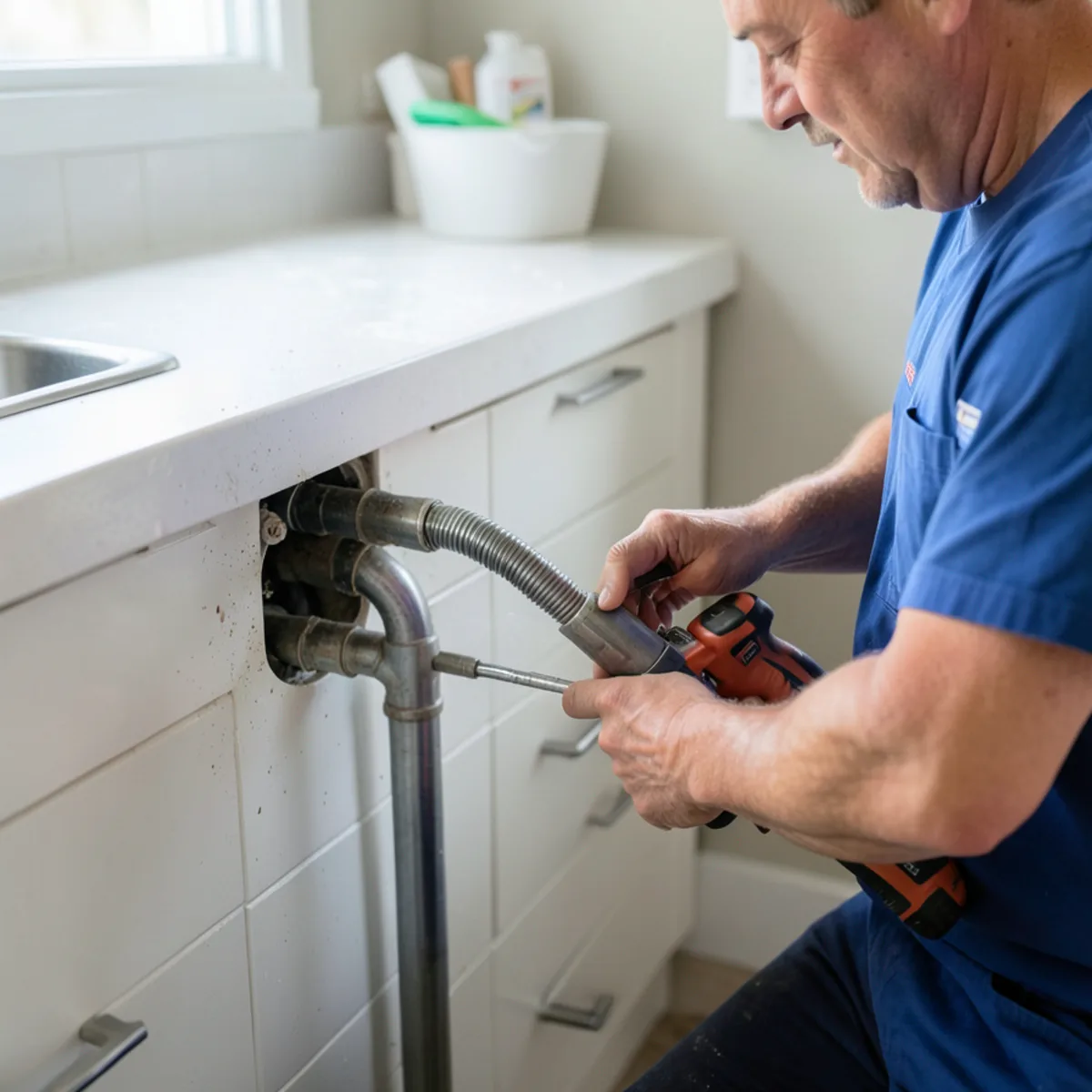 Electric drain snake clearing grease in kitchen branch piping