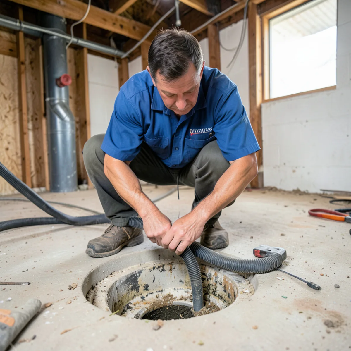 Basement floor drain snaking to remove sediment and soap scum