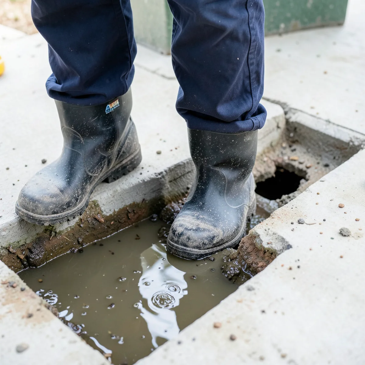 Technician inspecting basement floor drain as storm floodwater recedes