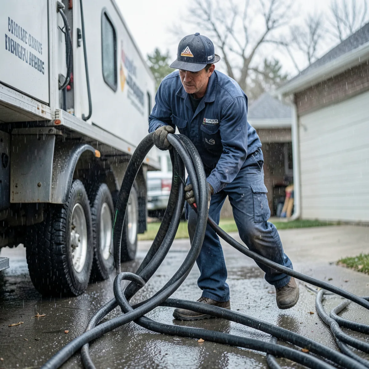 Technician rapidly deploying power rodding cable in rainy weather