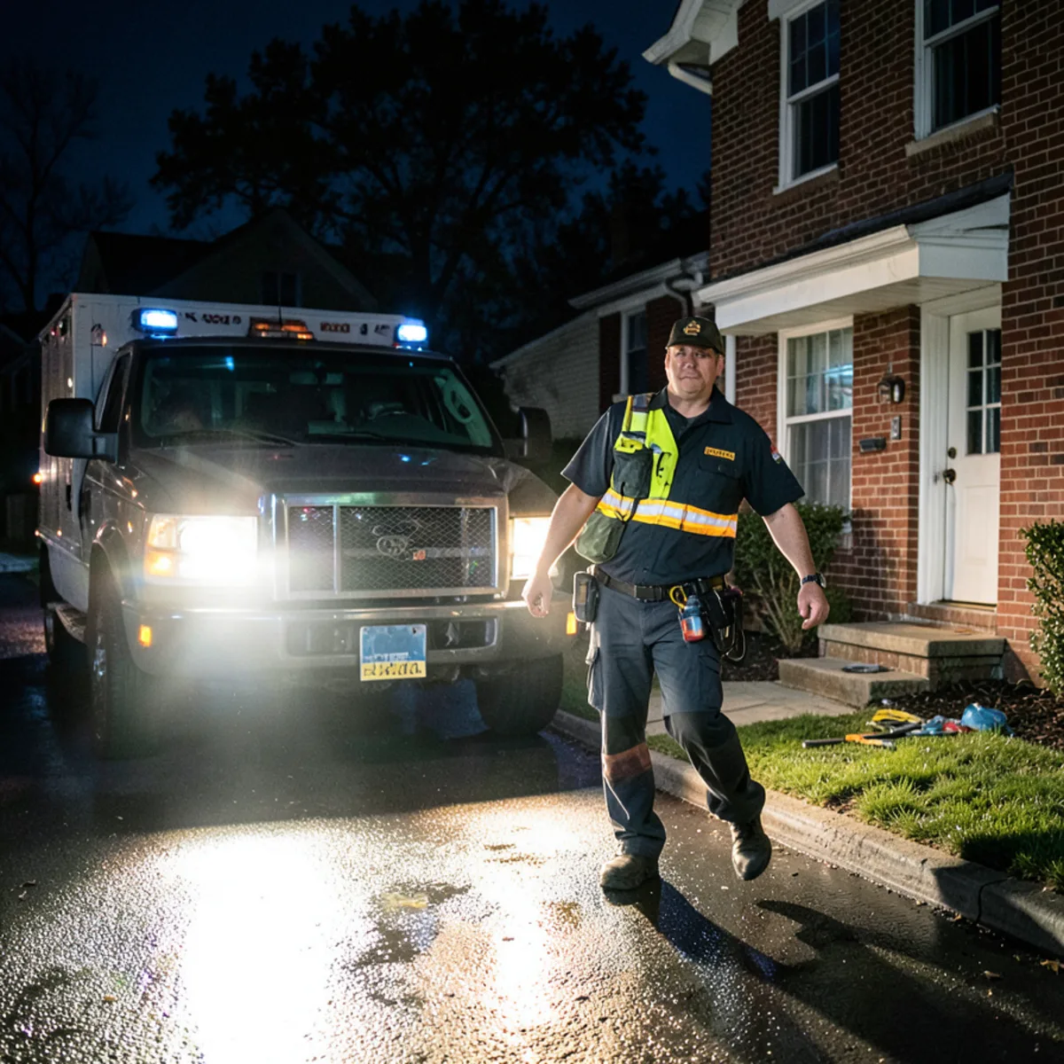 Emergency sewer service van arriving at North Shore home during storm