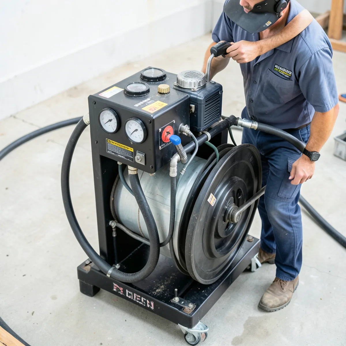 Commercial hydro jetting equipment showing pressure regulator and reel