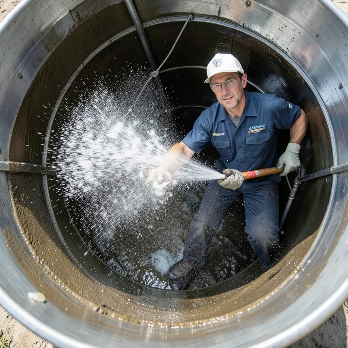 High velocity water spray pattern clearing grease from internal pipe walls