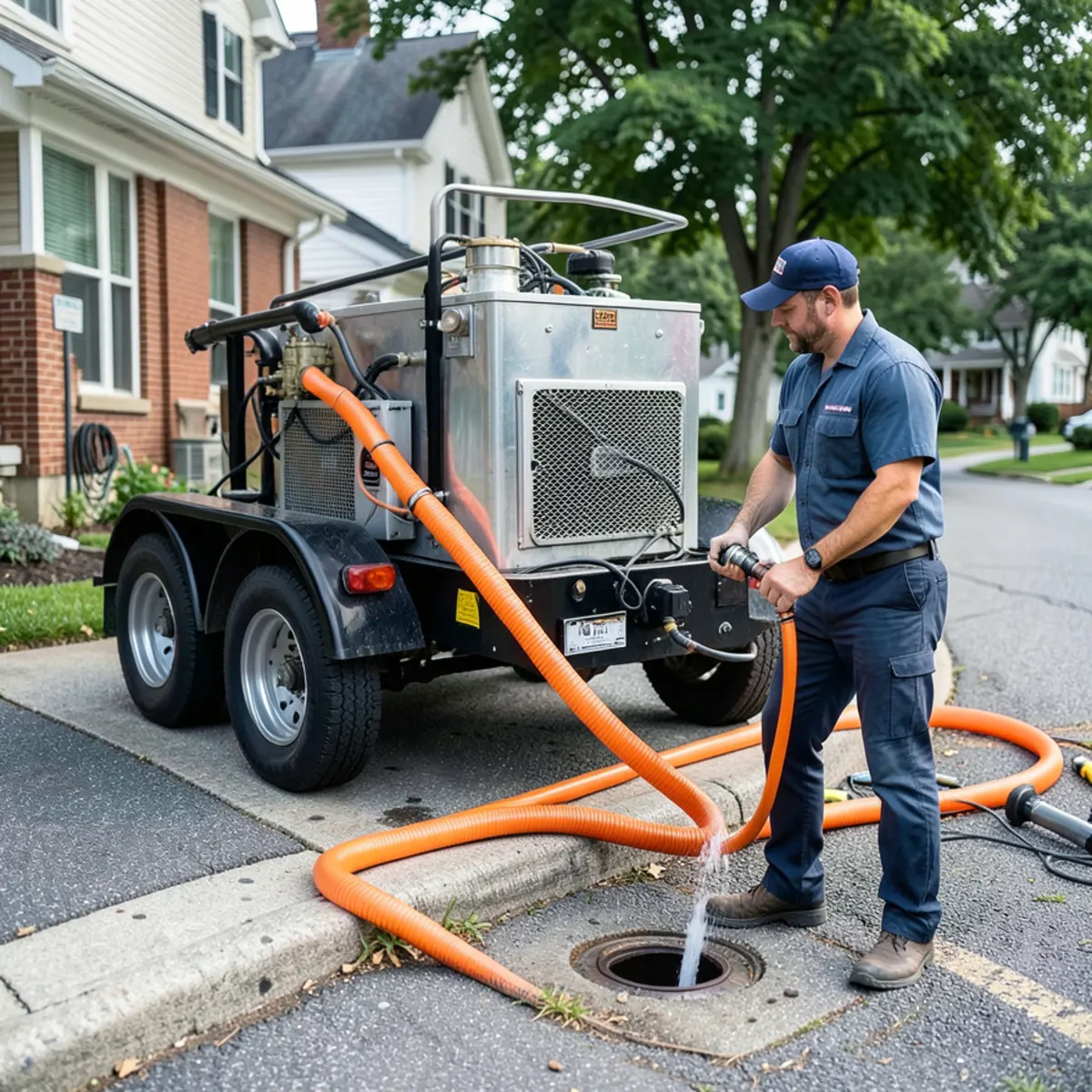 Hydro jetting trailer rig parked curbside for sewer line scouring in Evanston