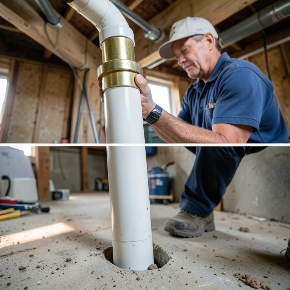 Basement sewer cleanout capped tightly with fresh brass fitting in Des Plaines