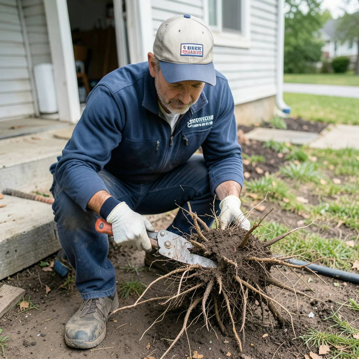 Cutting roots from 1930s clay sewer lateral near Downtown Glenview Metra