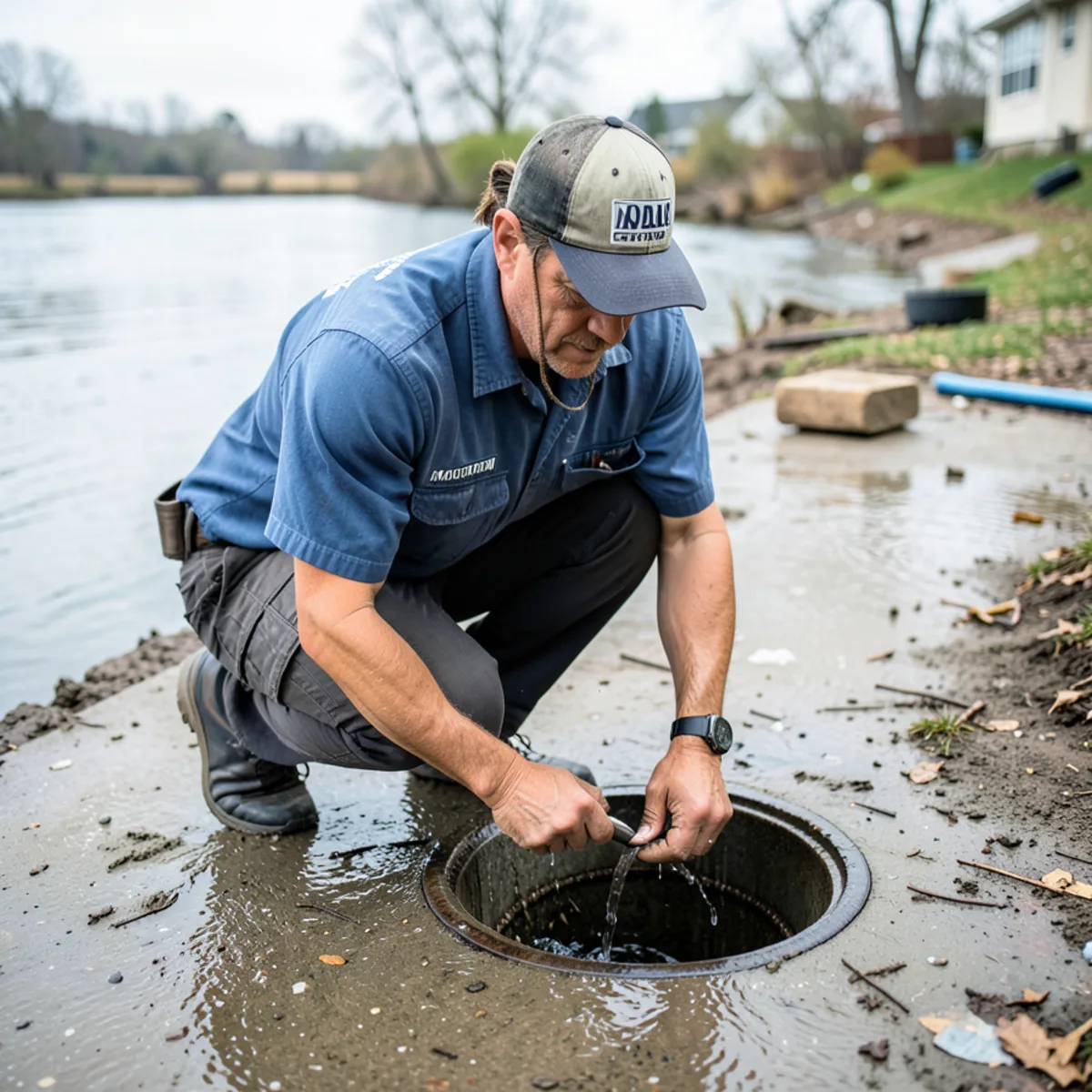 Inspecting basement floor drain flow in Morton Grove home during thunderstorm