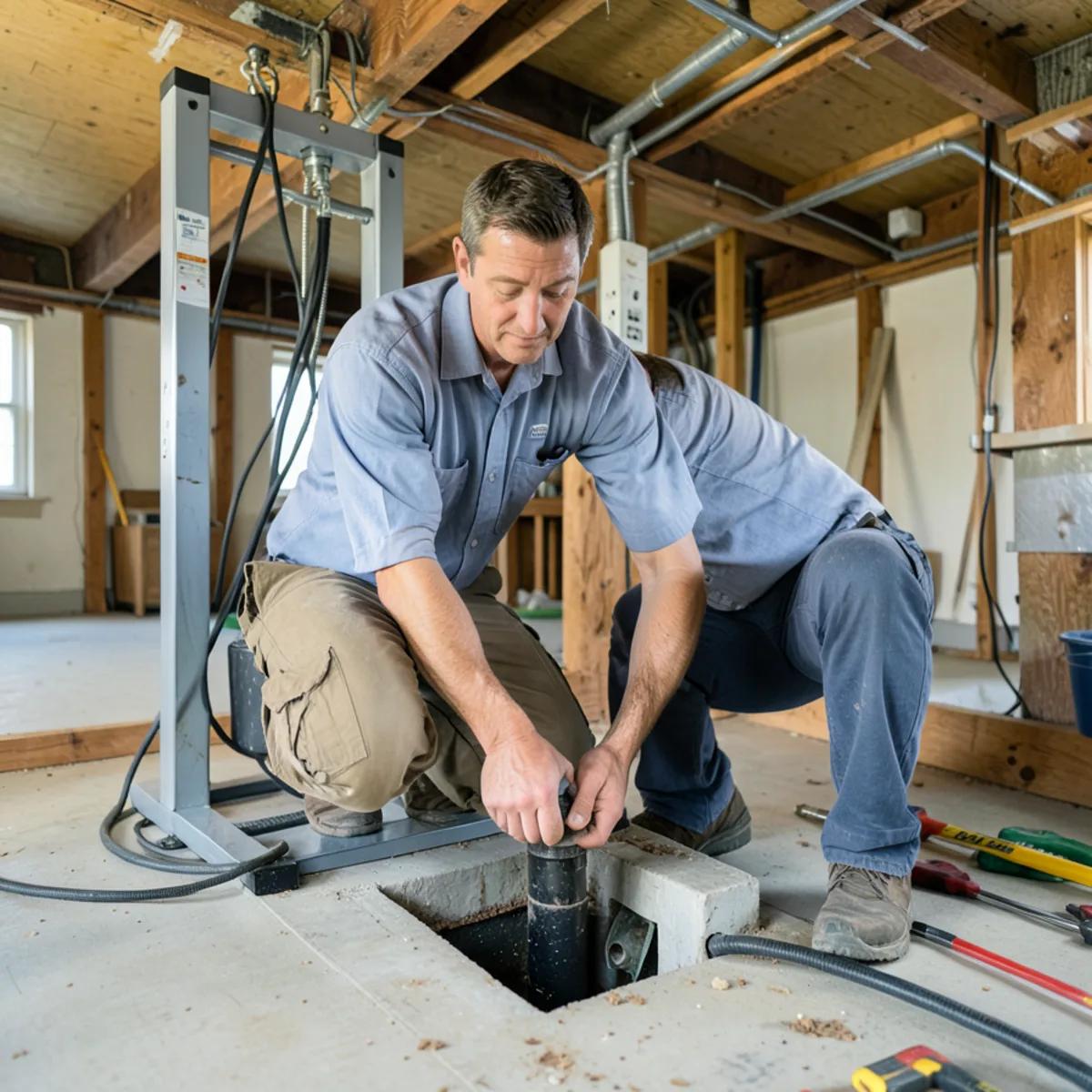 Technician operating power rodding cable in Morton Grove utility room