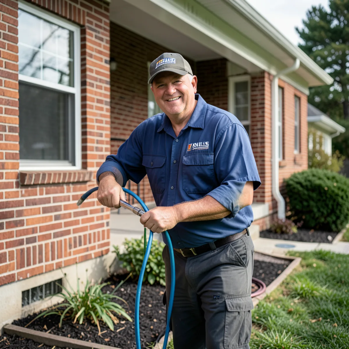 Technician servicing sewer line cleanout of post-war brick home in Niles