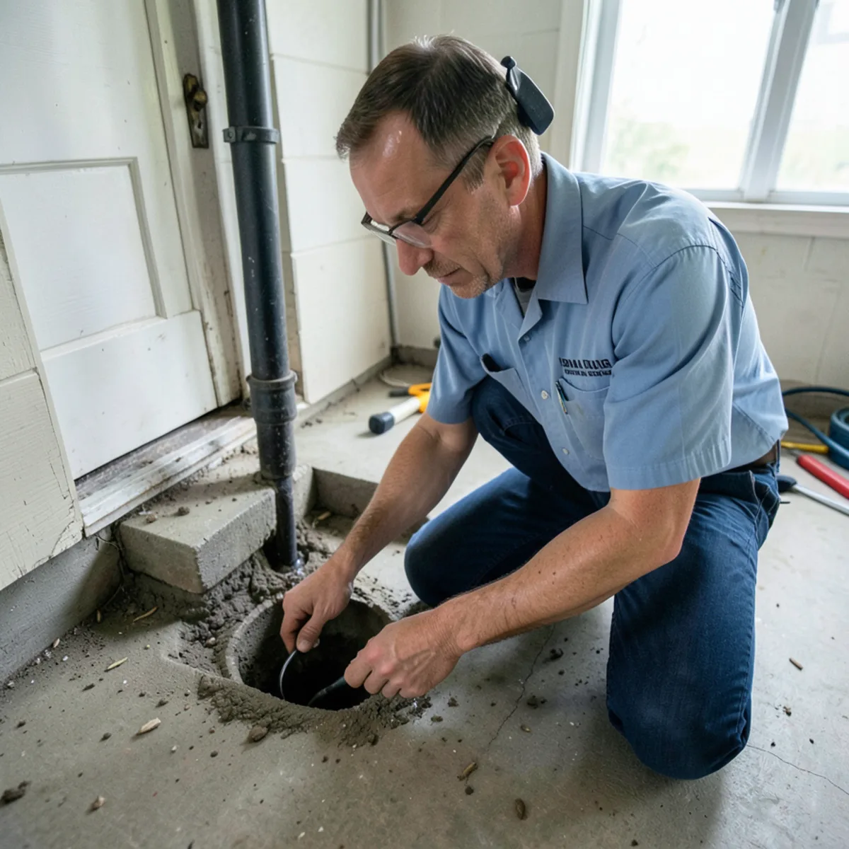Technician inspecting basement floor drain in flooded Park Ridge bungalow