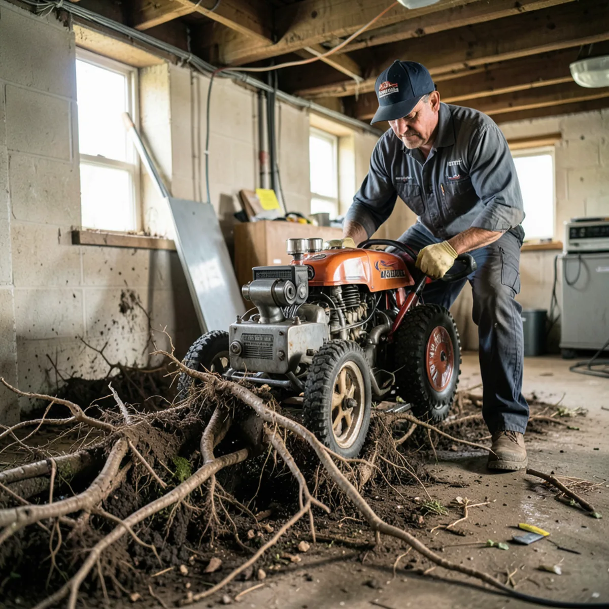 Power rodding main line cleanout of classic brick Georgian in Park Ridge