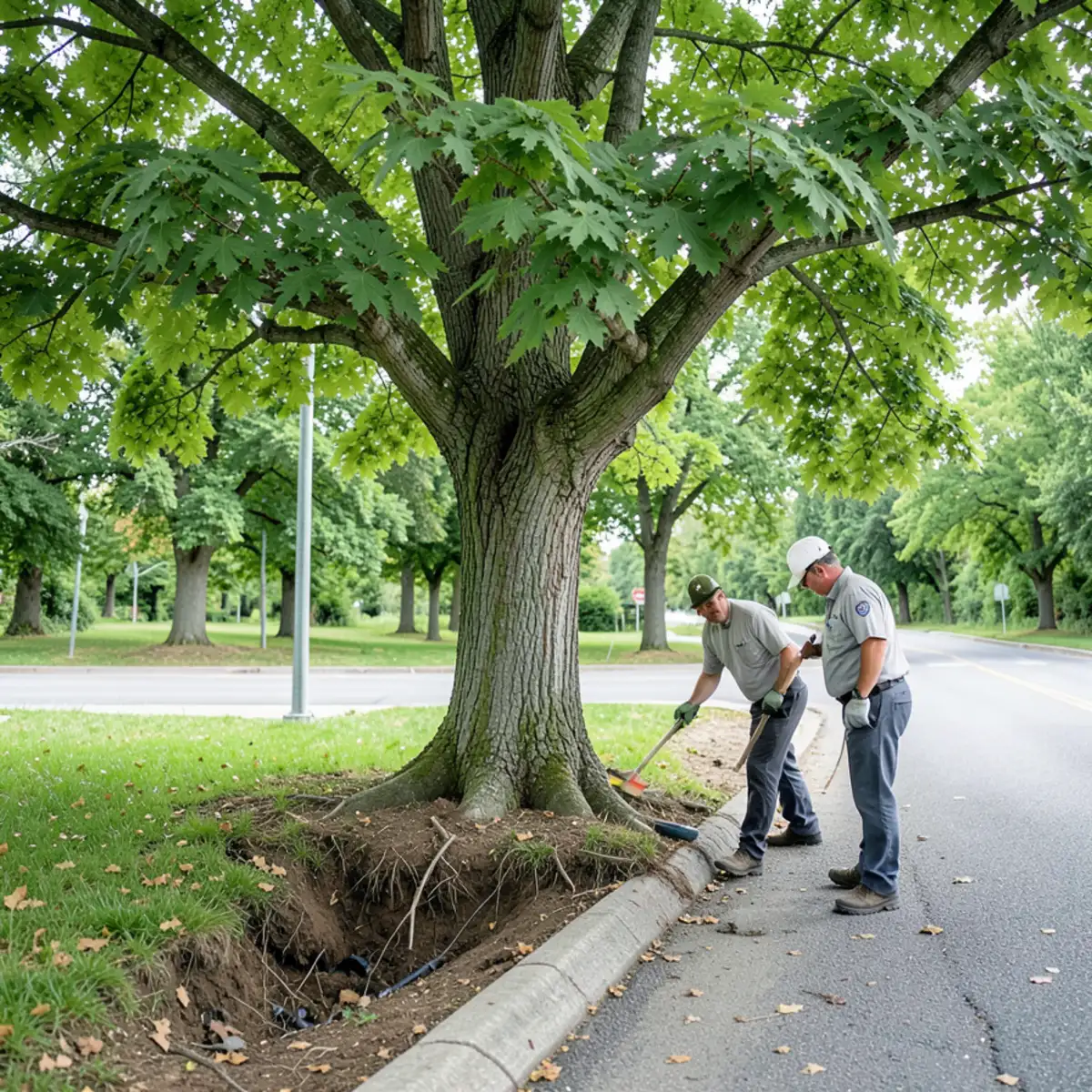 Large parkway silver maple in Skokie with roots encroaching underground pipes