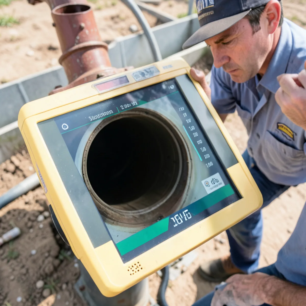 HD daylight-viewable camera screen displaying clean sewer pipe bore