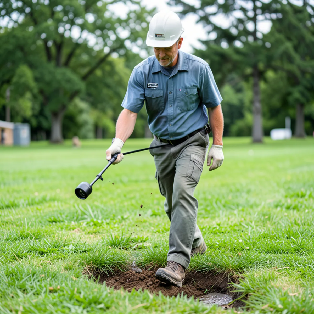 Technician tracing sewer camera depth with electromagnetic locating wand