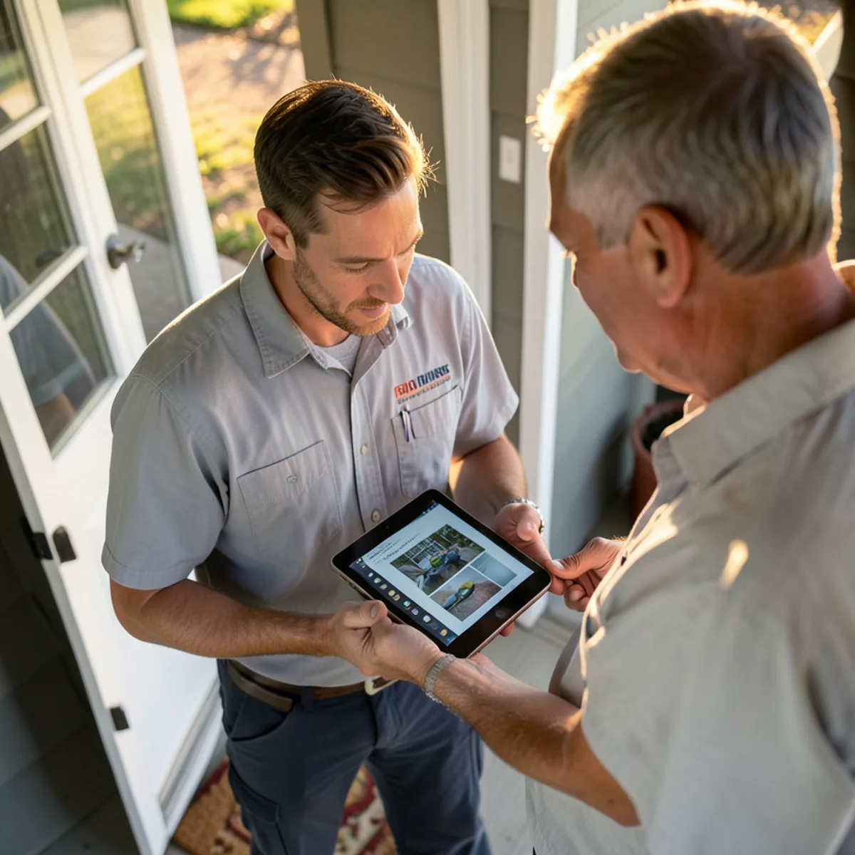 Reviewing video inspection findings with homeowner on digital tablet