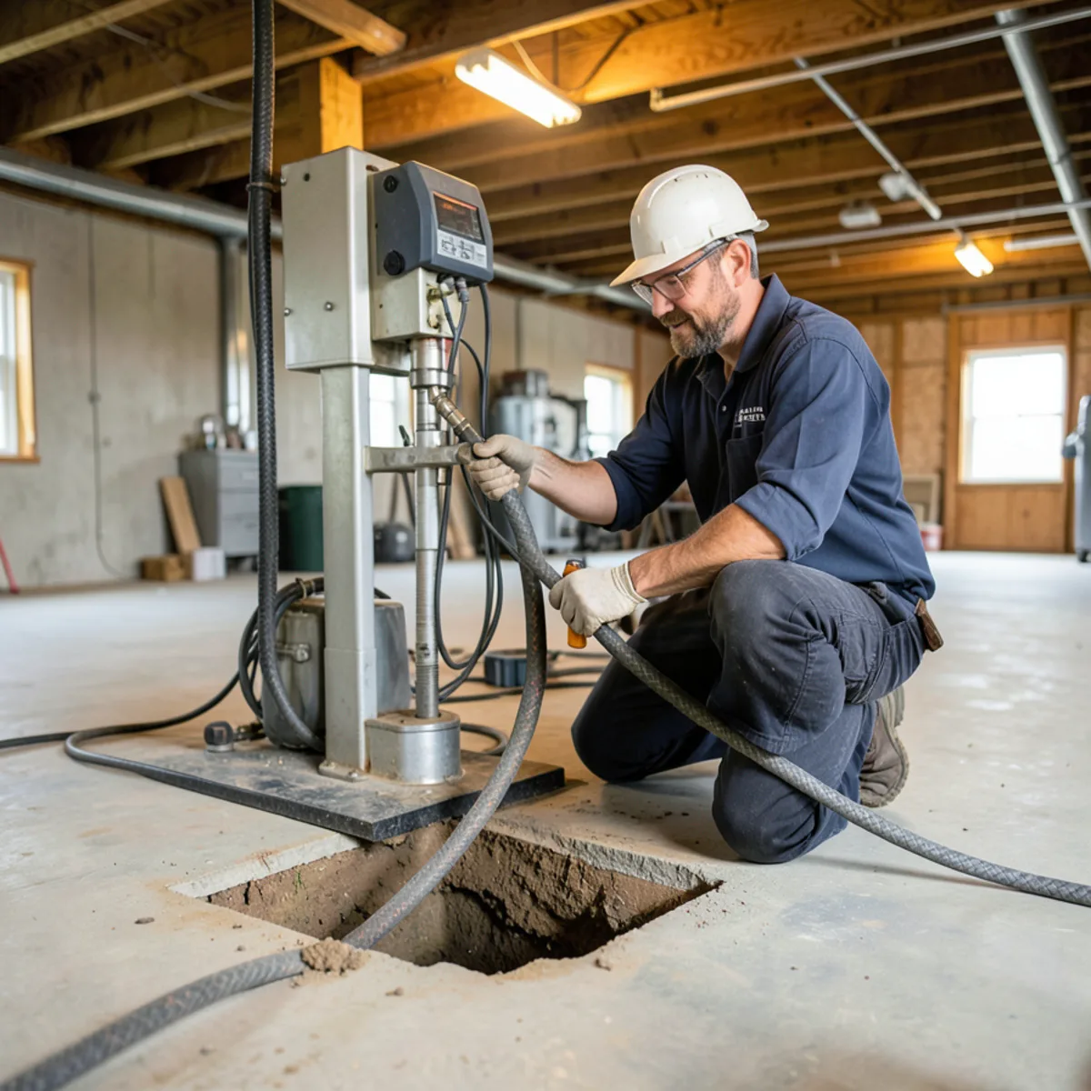 Power rodding main sewer line through cleanout in Evanston basement
